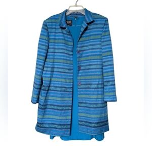 Clio 2 Piece Stylish Blue Striped Women's Button Down Coat And Dress Set Size 14